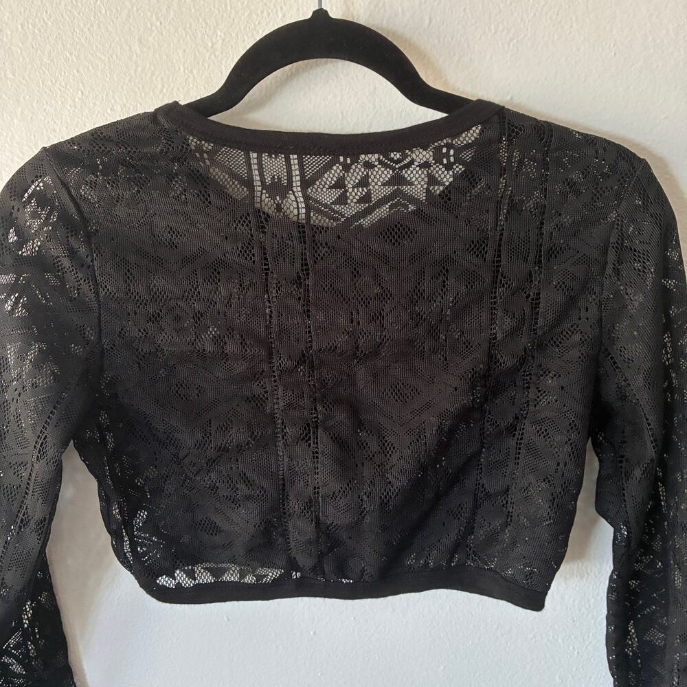 Black Sheer Lace Crop Top Long Sleeve XS S Boho Goth Festival Geometric